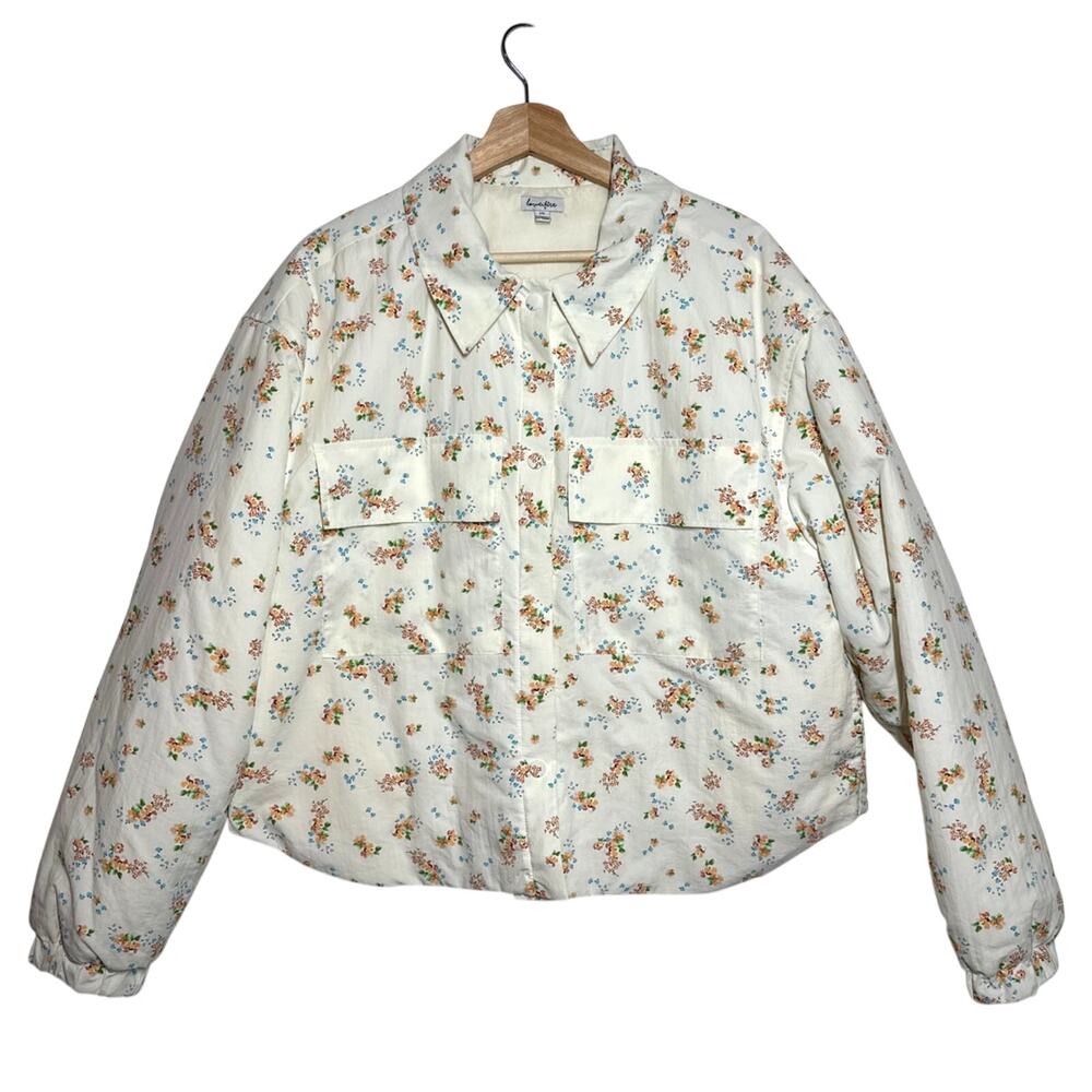 Love, Fire Floral Puffer Shacket Crop Jacket Sz L Snap Front Cottagecore Pockets